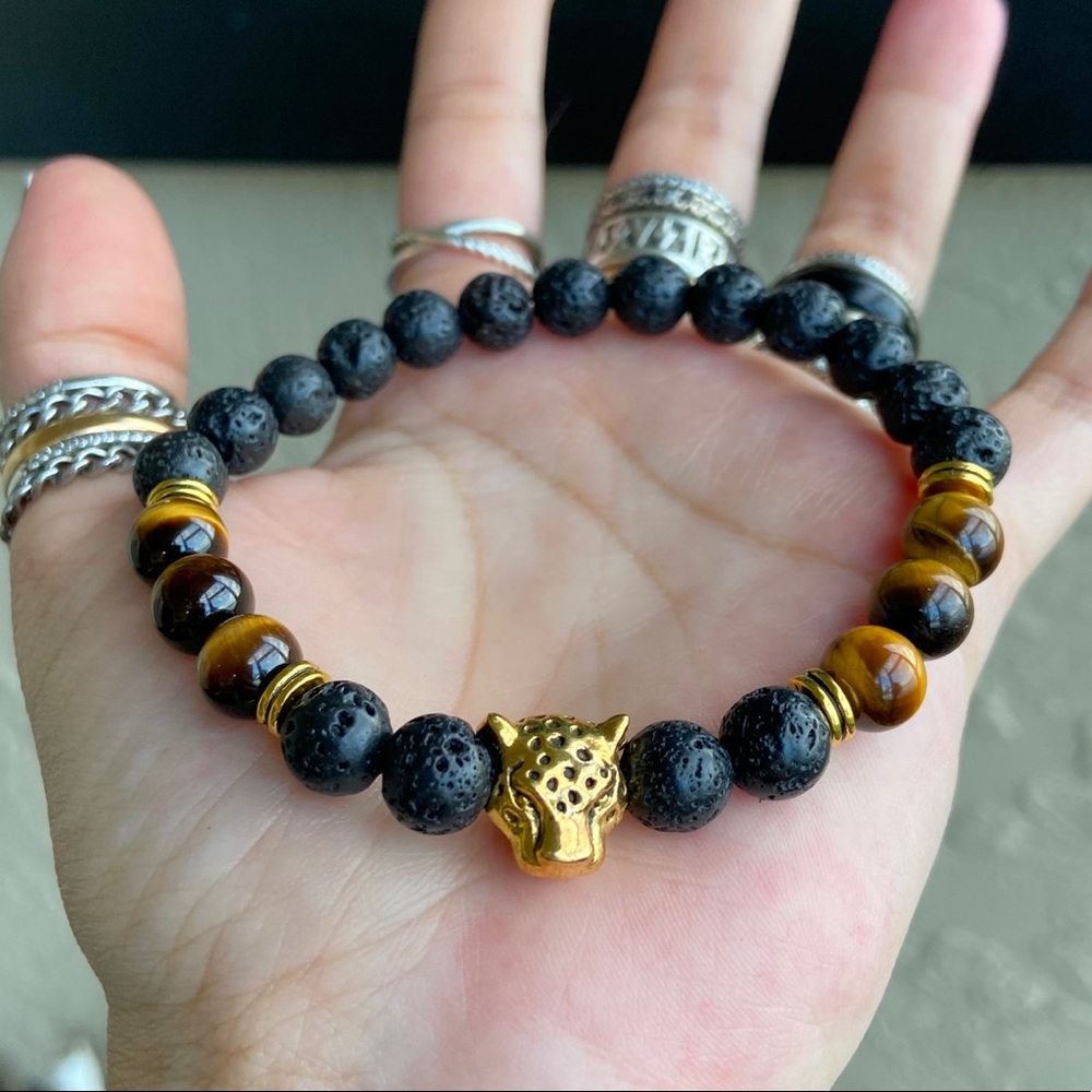 Black lava rock & tiger eye panther bead bracelet - Picture 1 of 12